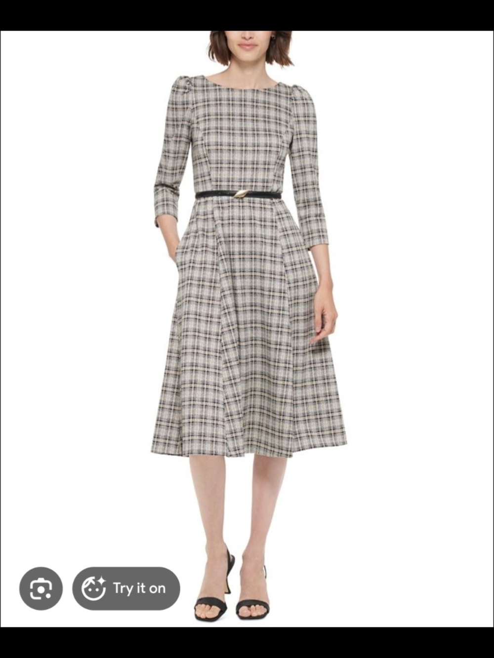 Calvin Klein Black & White Plaid Midi Dress with Belt